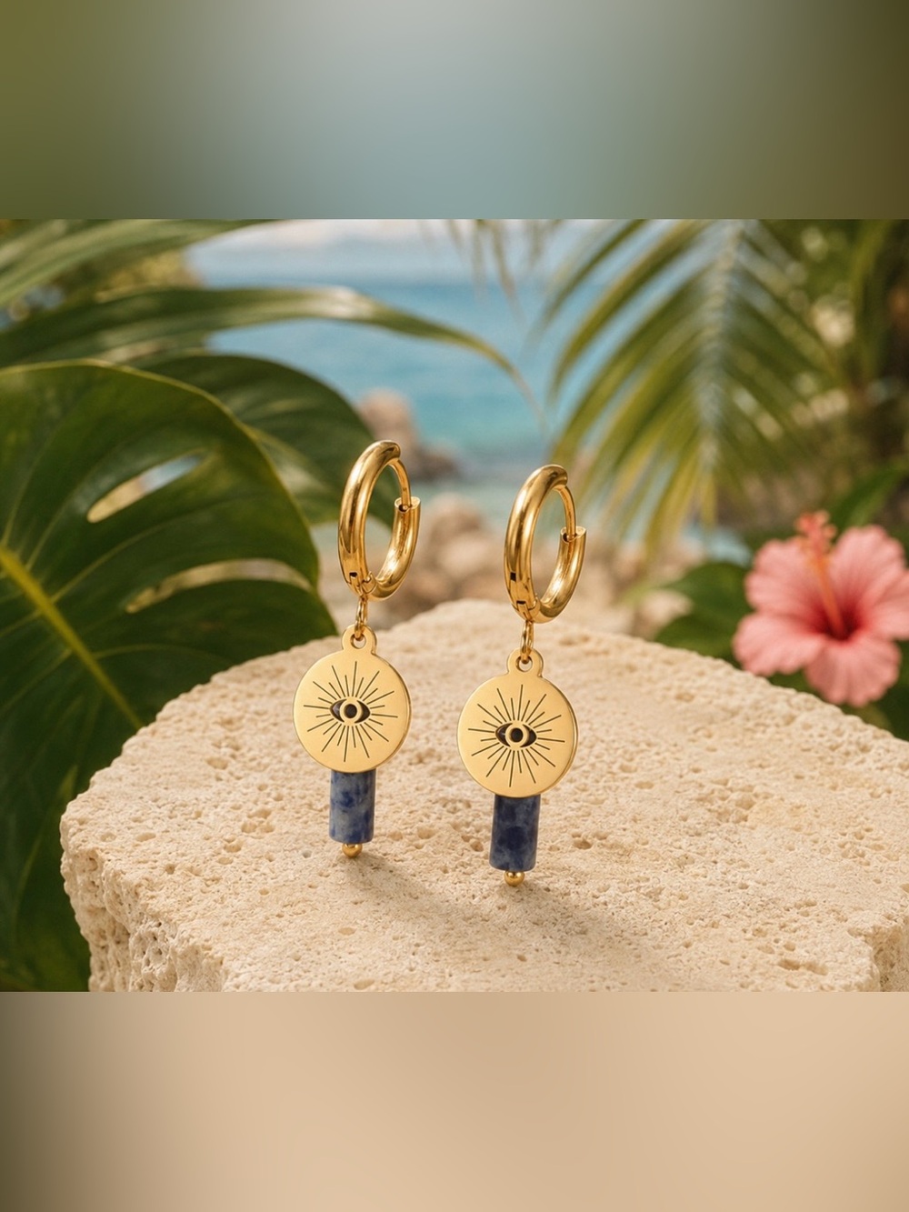 Gold Sunburst Drop Earrings with Blue Stone-Stainlees St,18K Gold Plated.